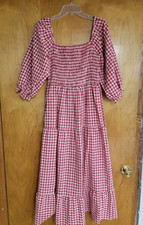 Smocked Gingham Check Dress Red White Size XL Off / On Shoulder Cottagecore Tier