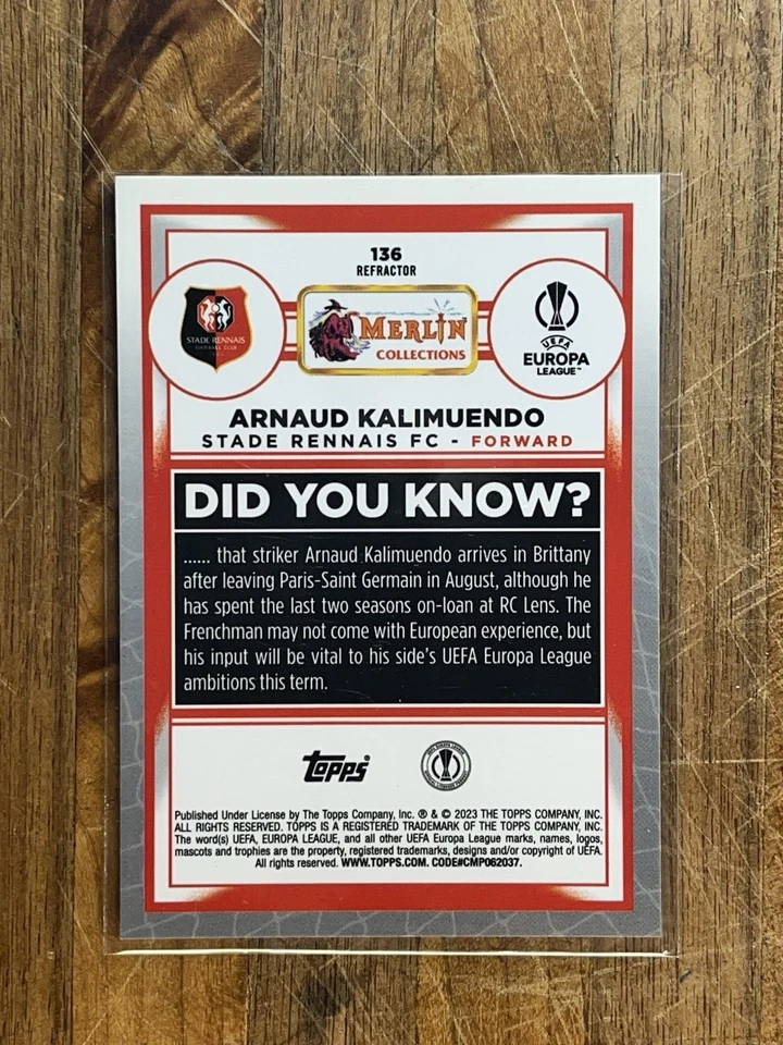 2022-23 Topps Merlin UEFA #136 | Arnaud Kalimuendo Rookie RC Refractor  - Image 2 of 2