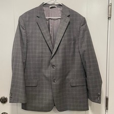 Joseph Abboud Mens 46R Grey Plaid Super 120 Wool Blazer Tailored Fit Made in USA