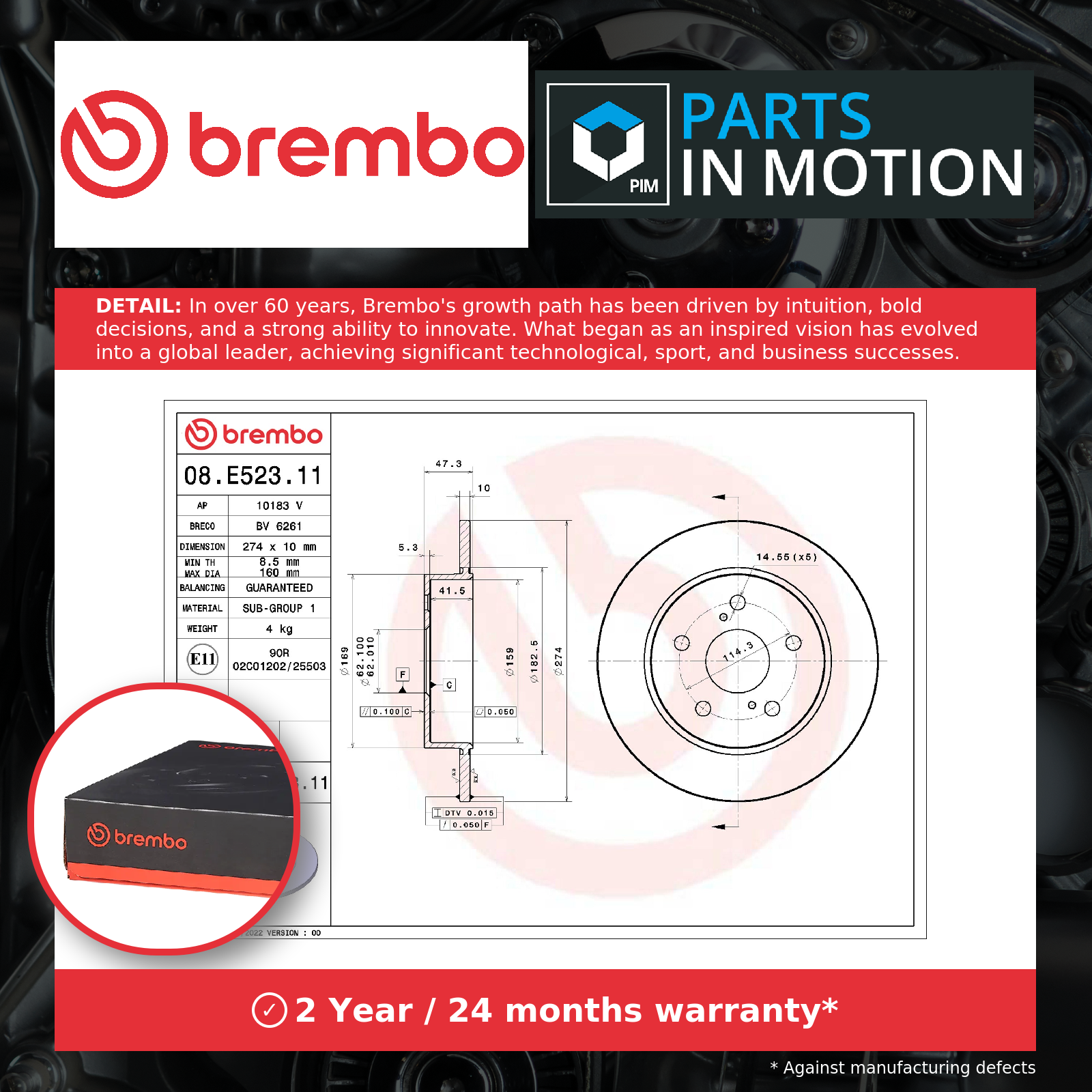 2x Brake Discs Pair Solid Rear 274mm 08.E523.11 Brembo Set T424310232 4243102320