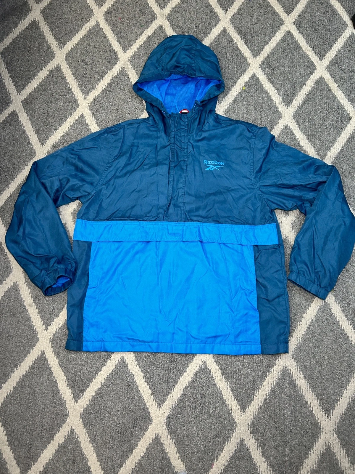 REEBOK Anorak Half Zip Hooded Windbreaker Jacket Men's Size Large Teal Blue