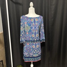 Laundry by Shelli Segal XS Blue Paisley Shift Dress Long Sleeve Stretch Lined