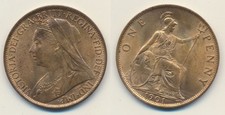 Great Britain: 1901 One Penny QV 1d copper. near Full Red UNC Lustrous 