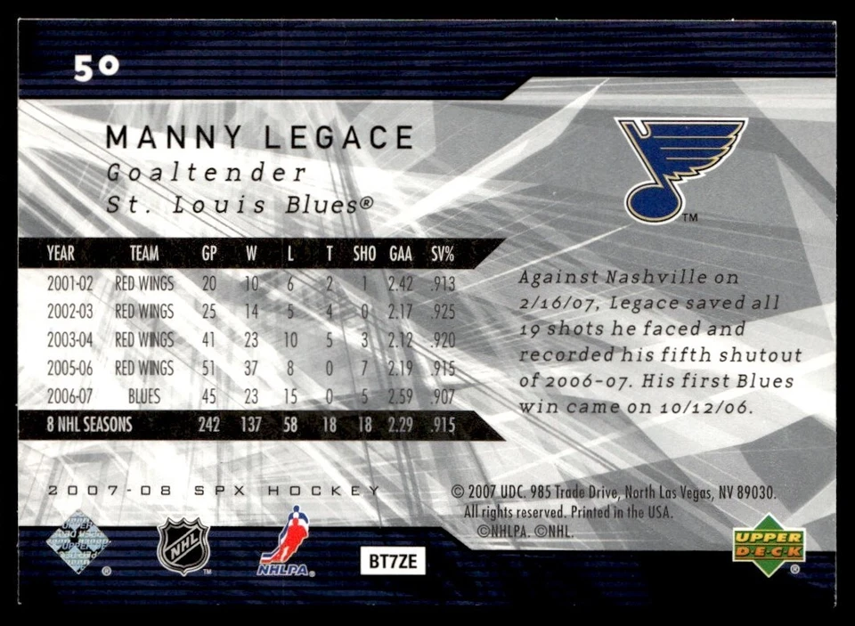 2007-08 SPx Manny Legace St. Louis Blues #50 - Image 2 of 2