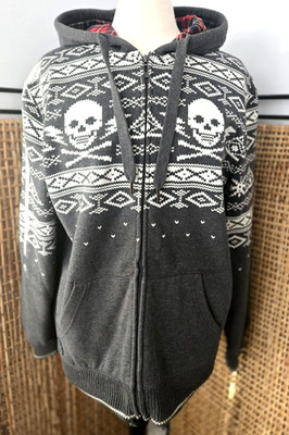 Ecko UNLTD Hoodie Sweatshirt Skull Print Grey Men Size Medium Plaid Lined Hood