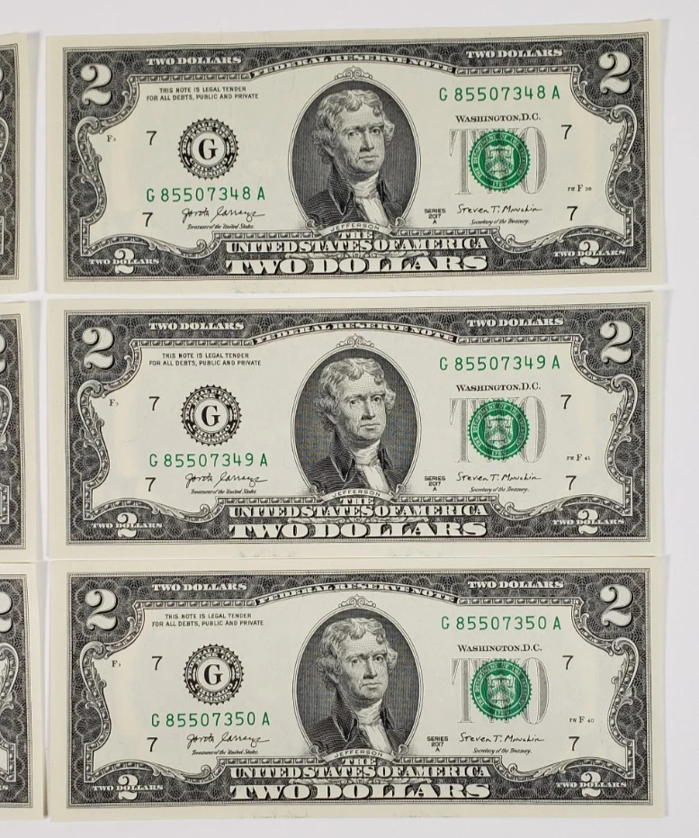 6 Consecutive Serial Number Series 2017A  US $2 Dollar Bills Uncirculated - Image 4 of 4