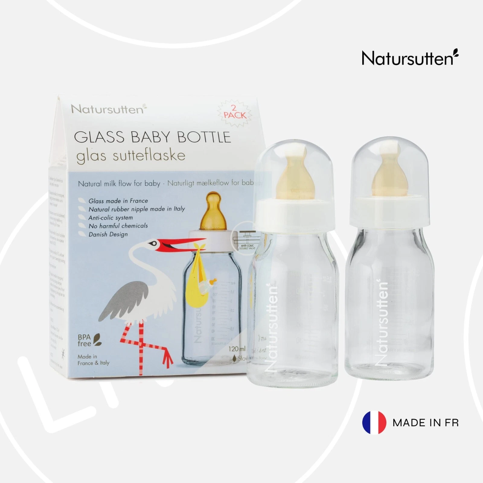 Natursutten Glass Baby Bottles, 110 ml | Anti Colic Newborn Feeding Milk Slim