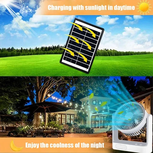 2025 New Rechargeable Fan With solar panel, 3 Speeds, LED light and 2 Free bulbs - Picture 10 of 12