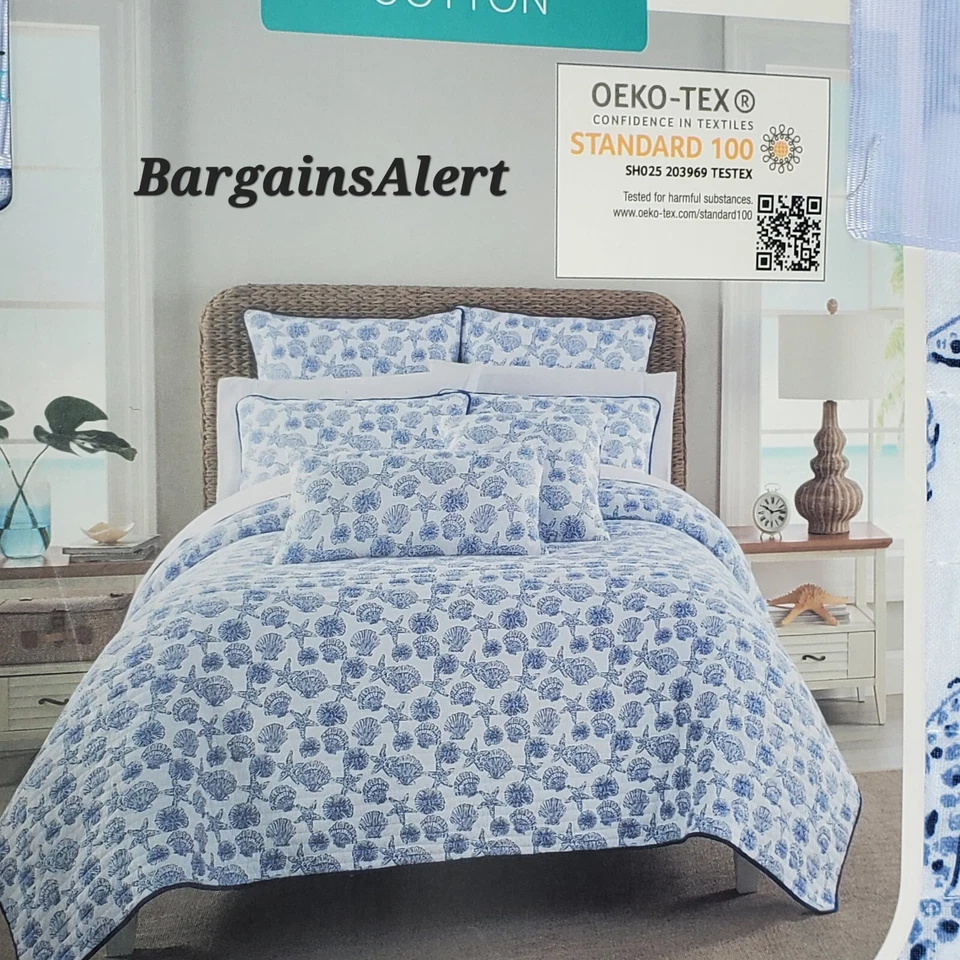 Starfish Seashells Blue & White 3pc King Quilt & Shams Beach Ocean Tropical - Image 3 of 4