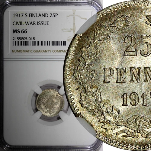 Finland  Silver 1917 S 25 Pennia Civil War Coinage NGC MS66 GEM BU  KM#19 (18)