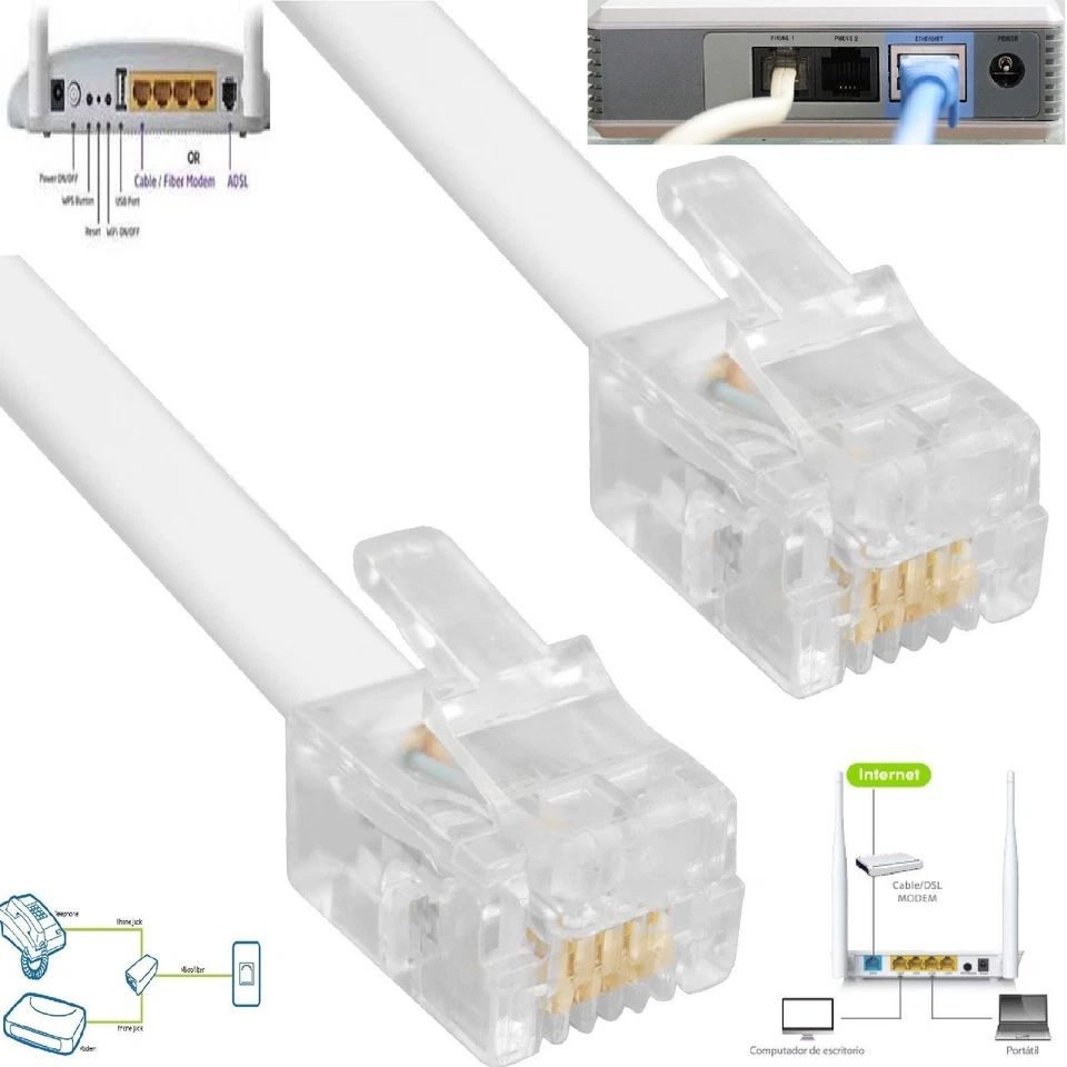 ACCLND 1M 2M 3M 5M 10M 15M 20M RJ11 to RJ11 Cable ADSL BT Internet Phone Router White