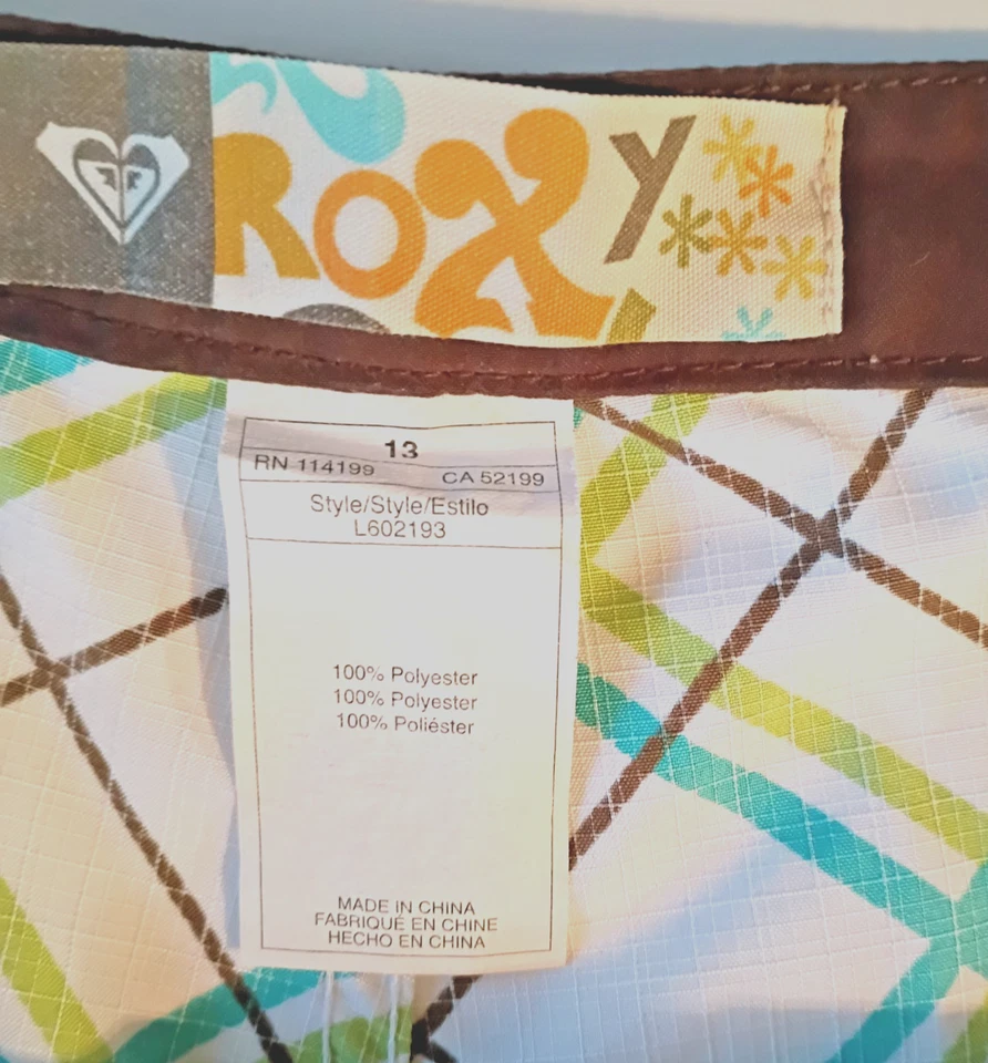 Roxy Board Shorts Mujer Talla 13 Blanco Azul Verde Marrón Cuadros Buen Estado Foto 4 de 4