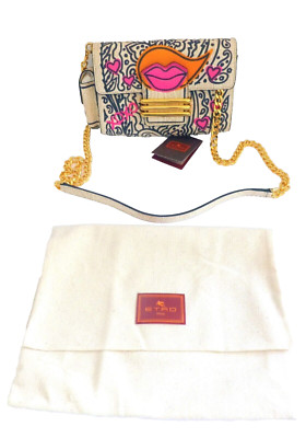 Etro Bag Crossbody Clutch Purse White Colorful Print Leather NWT