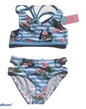 Jantzen 2 Piece Bikini Striped Floral UPF 50 Protection Blue White NWT Girl's 4