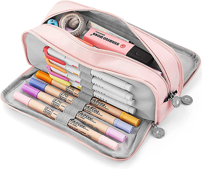 Astuccio Grande Capacità 3 Scomparti In Tessuto Oxford Rosa: Perfetto Per Scuola, Ufficio, Trucco E Organizzazione. Regalo Per Studenti. - 4