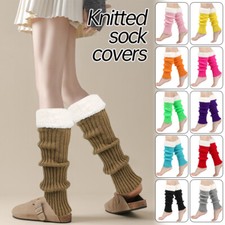 Women Winter Knitted Foot Cover Plush Trim Patchwork Warm Leggings Warmers Legs