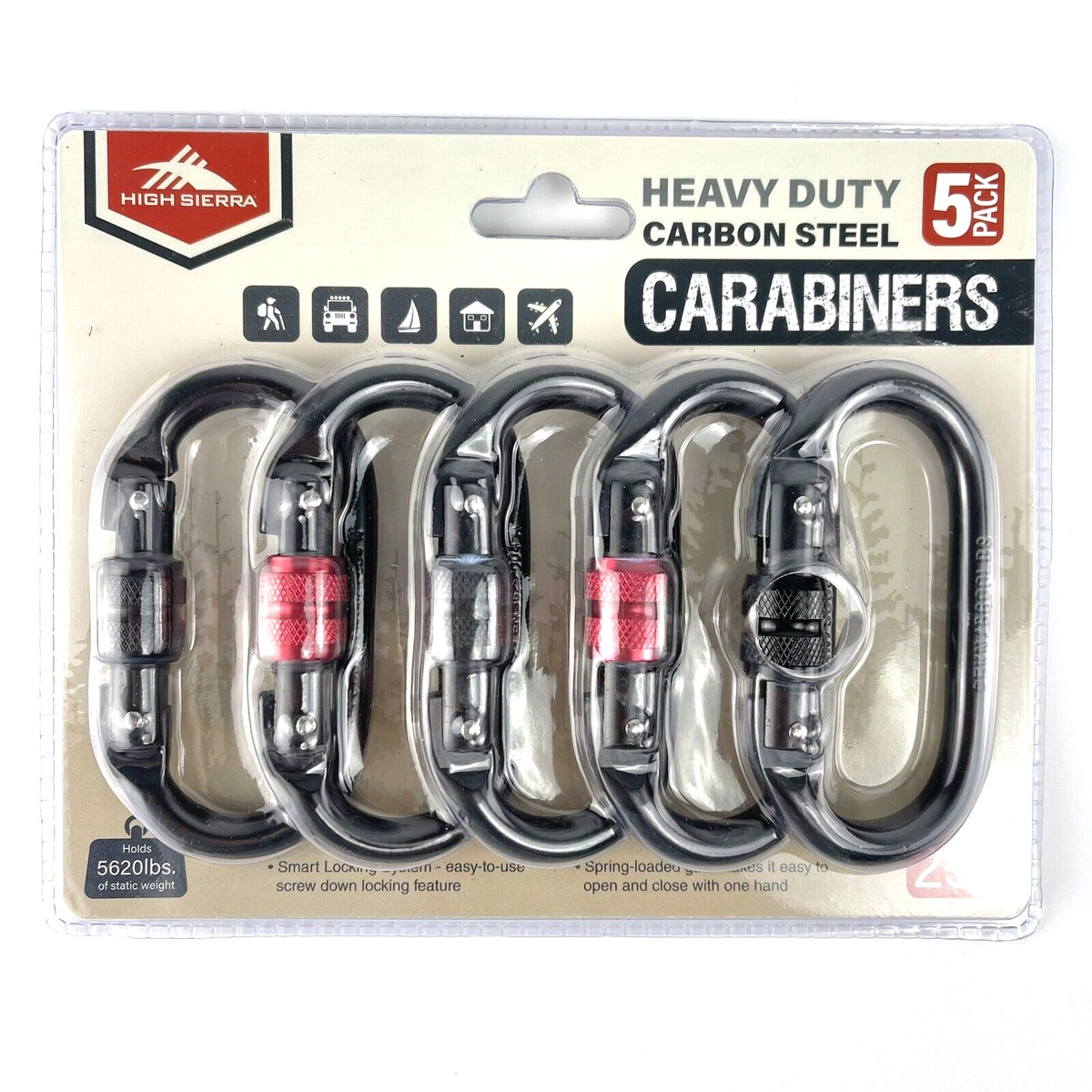 High Sierra Heavy Duty Carbon Steel 5 Pack Carabiners 4.3 