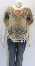 Live And Let Live Women's Damask Hippie Fringe Short Sleeve Tunic Top Shirt