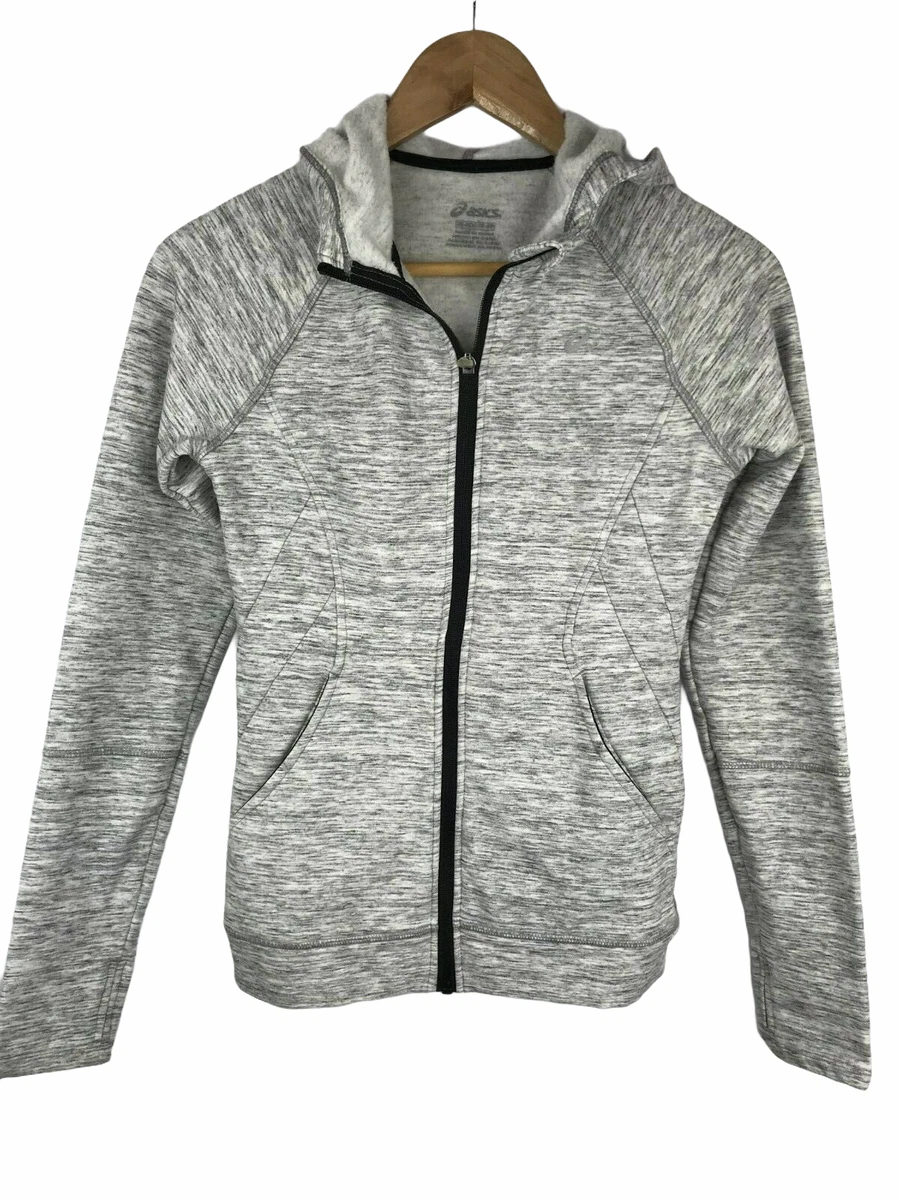 Asics Heathered Space Dye Stripe Gray White Zip Fleece Jacket Hoodie Hood XS
