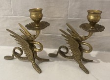Pair Vintage Winged Dragon Griffin Phoenix Brass Candle Holder Candlesticks 7?