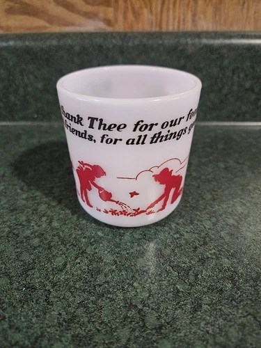 VTG Hazel-Atlas Childrens Mug Father We Thank Thee Prayer Milk Glass