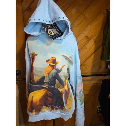 Stray Rats UFO Cowboy Graphic Hoodie Seafoam Rhinestone Studded Mens M NWT