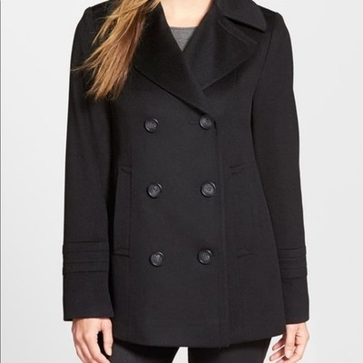 Fleurette 100% Loro Piano Wool Double Breasted Pea Coat Black  6 Luxury Classic