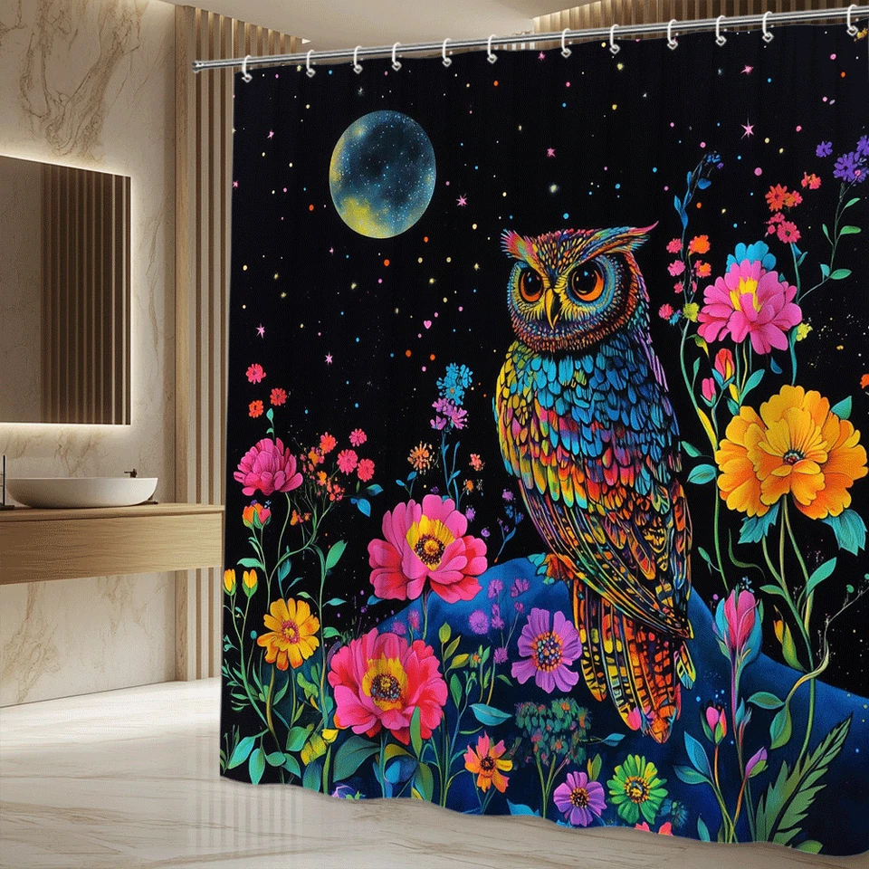 Búho místico con cielo nocturno brillante y flores vibrantes cortina de ducha Foto 4 de 4