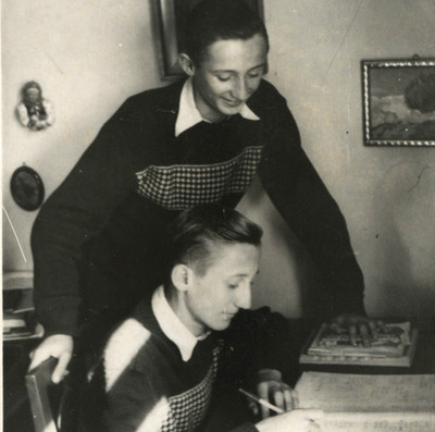 Vintage Photo Two Young Affectionate Men Studying Together Students Writing Desk