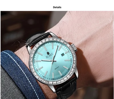 RUIGE  Men s  Watch With Powder Blue Face And Leatrher Strap