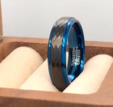High Polished Blue Tungsten Ring Matt Black Hammered Design Finance Ring