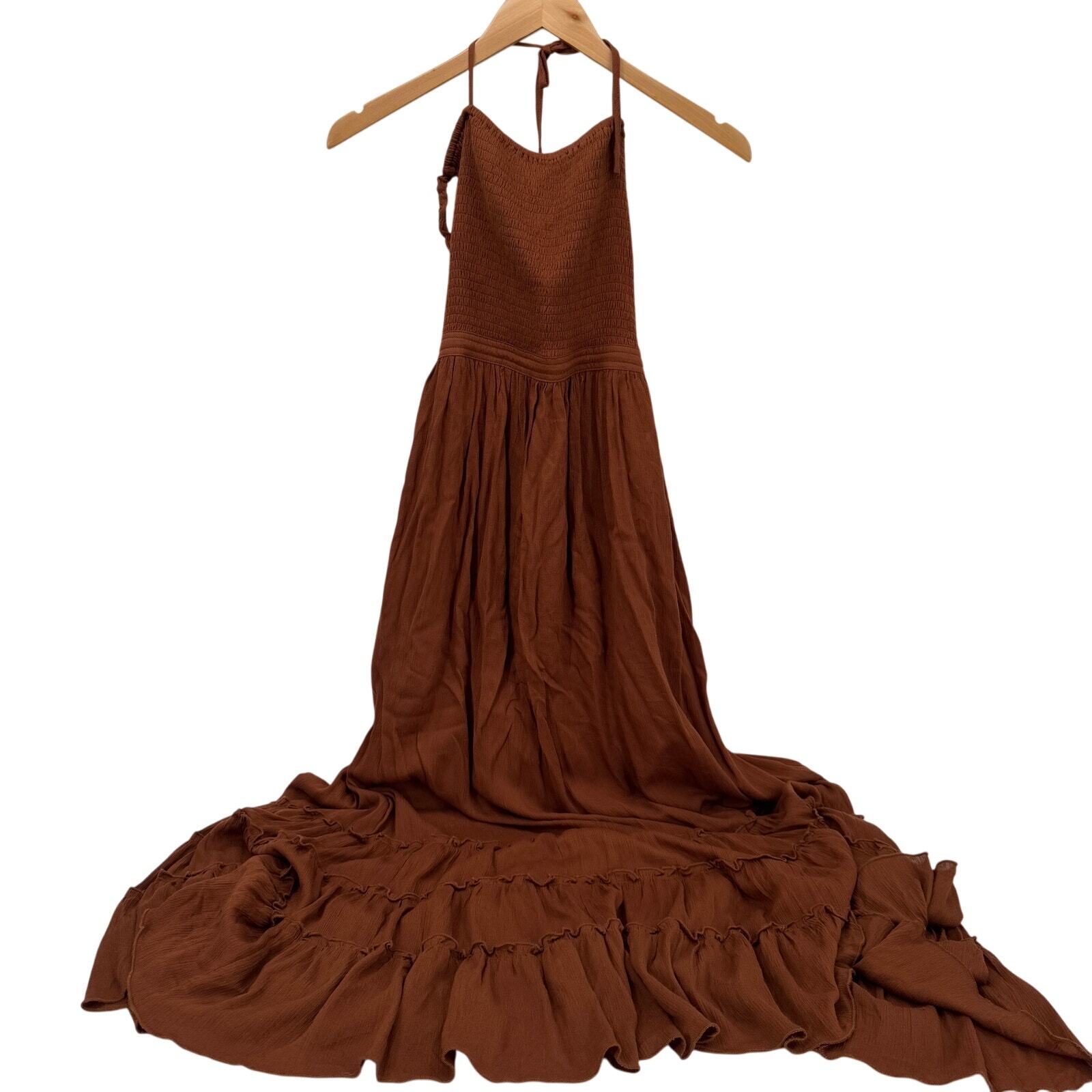 R. Yiposha Dress Womens Small Maxi Open Back Tiered Tie Neck Boho Festival Clay