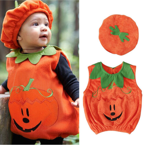 Newborn Baby Girl Outfit Sleeveless Pumpkin Costume Romper Hat Halloween Clothes - Picture 1 of 7