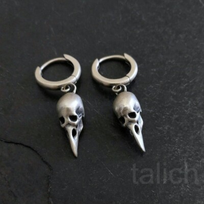 925 Sterling Silver Plague Mask Bird Skull on Small Hoop Earrings Gothic Unique