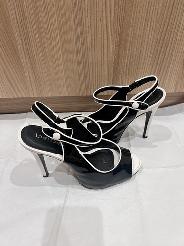 Bebe Woman sandals peep toe patent leather black and white ankle shoes size 6 - Picture 4 of 9