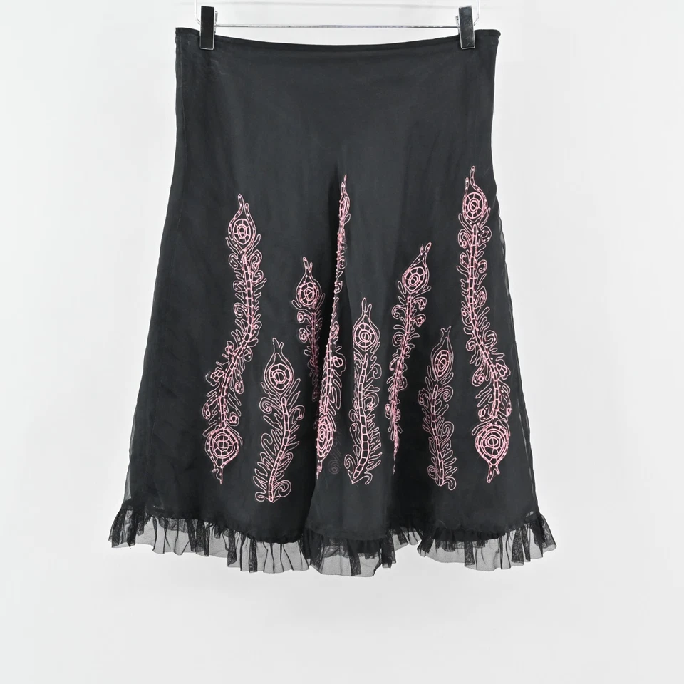 Vtg CAROLE LITTLE Skirt Size 8 Black Silk Pink Embroidered Tulle Witchy ALine - Image 2 of 4