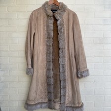 Vintage Y2k Fur Trim Soft Jacket Open Front Hook Closure Women’s Large Tan