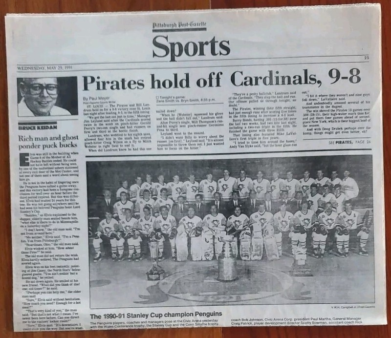 PITTSBURGH PENGUINS 1991 STANLEY CUP CHAMPS POST-GAZETTE NEWSPAPER SPORTS SEC