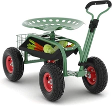 10" Tires Garden Rolling Work Seat with 360° Swivel Cushion, Steering Handle