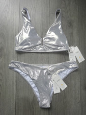 M&S MARKS & SPENCER SILVER BIKINI SET UK SIZE 12 TOP UK SIZE 14 BOTTOMS