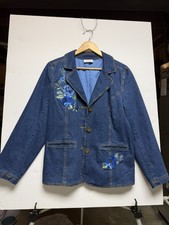 D  Co Denim Jacket Blazer Womens L Blue Floral Embroidery