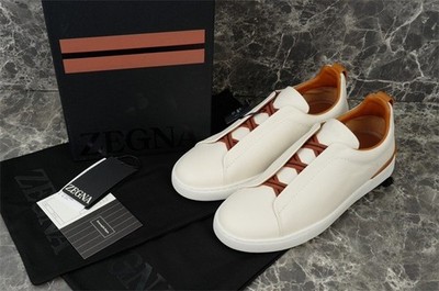 ZEGNA Triple Stitch Slip-On Sneakers Off White Brown Leather Low Top Casual Shoe
