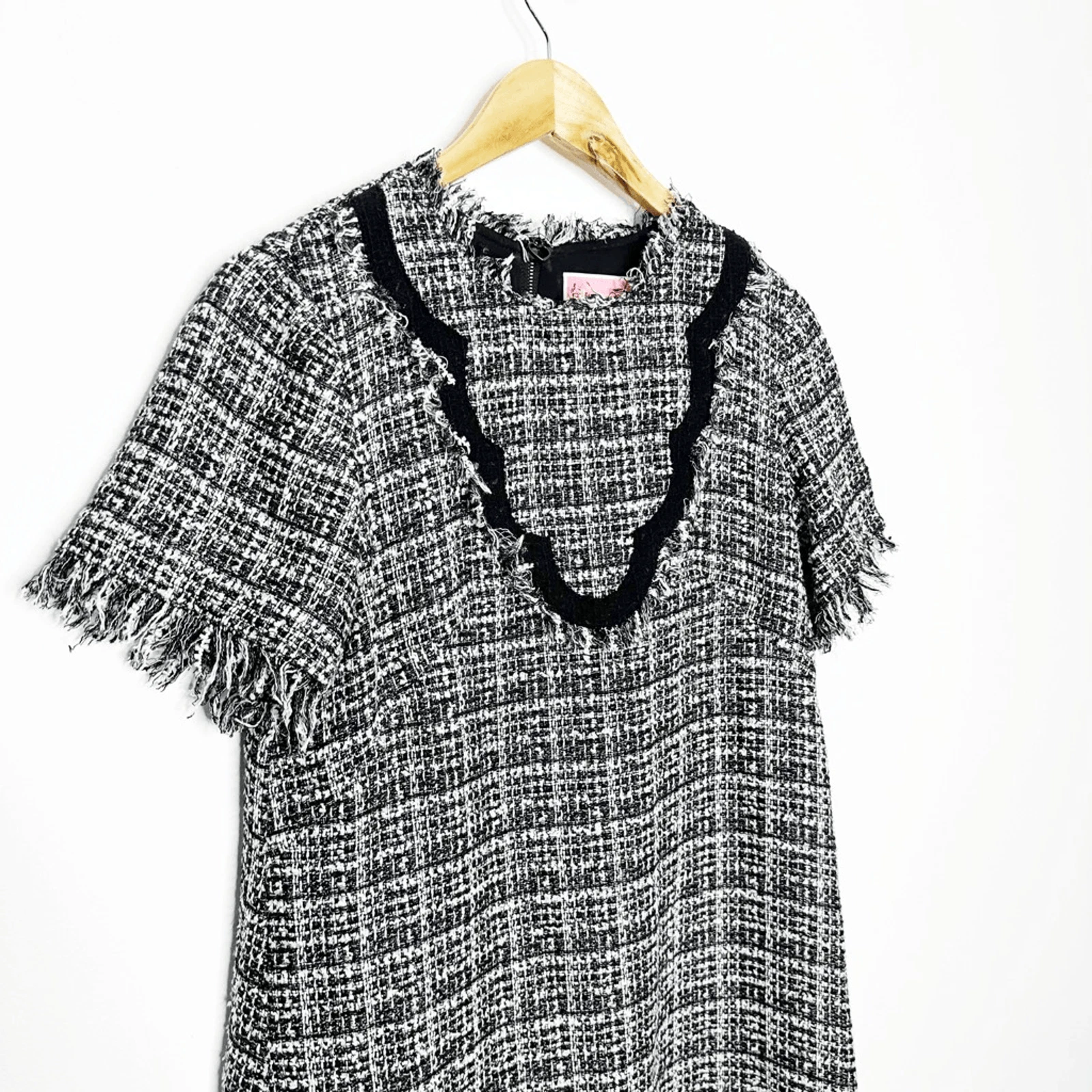 Abito Kate Spade New York bicolore capesante tweed frange manica corta carriera US 8