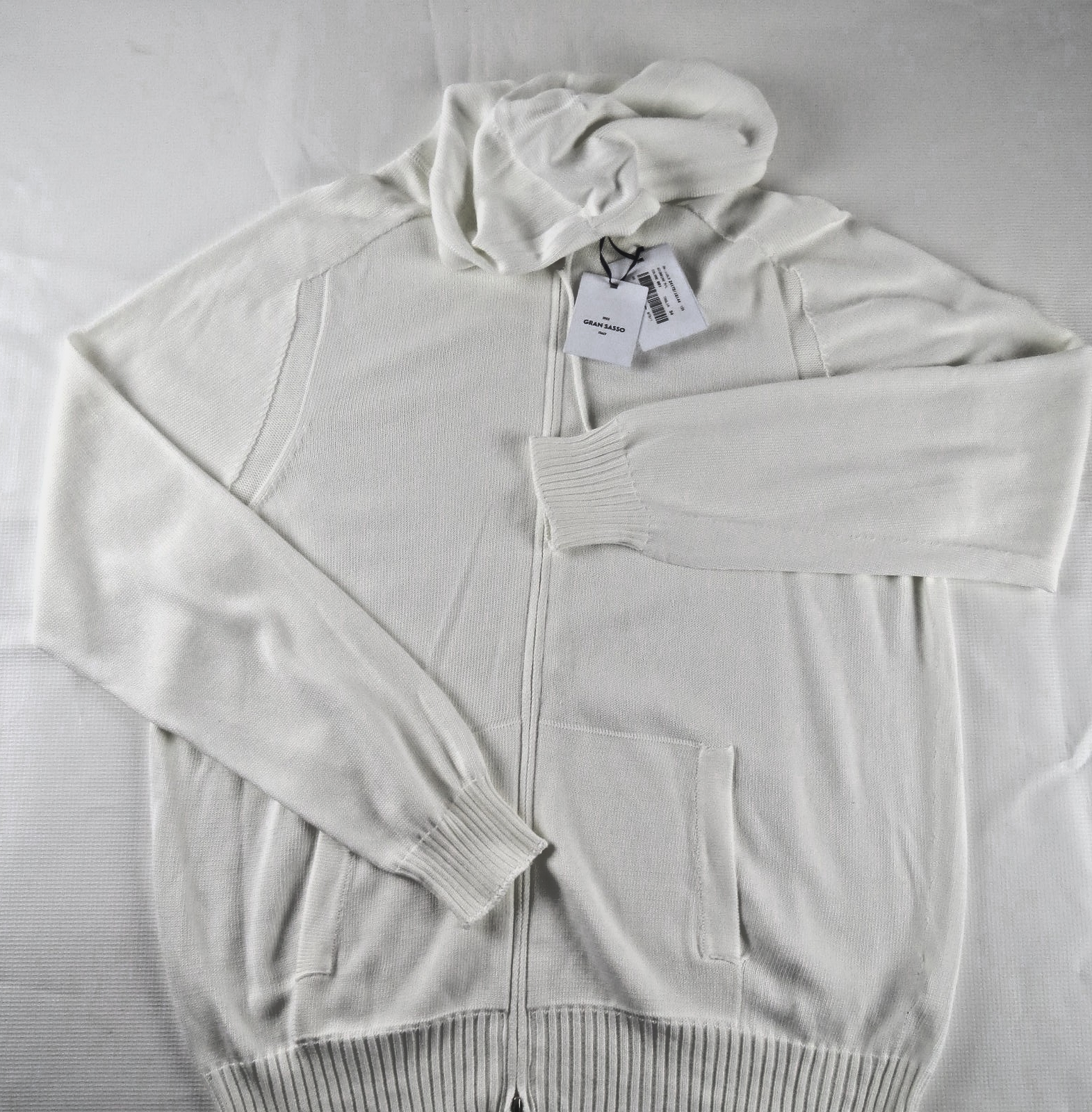 Gran Sasso Full-Zip Hoodie Sweater Mens size 54 M/L White 100% Cotton Made Italy