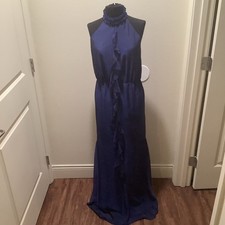 Vera Wang White Navy Blue Ruffle Halter Neck Open Back Maxi Formal Gown Dress