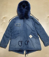 La Fiorentina Women's Size Medium Denim Parka Coat with Real Fox Fur in Blue