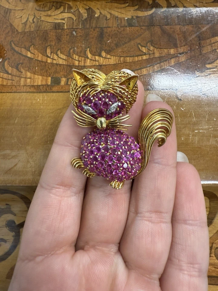 TIFFANY & CO. 18k Yellow Gold, Ruby & Diamond Cat Clip Pin Brooch Vintage 1960s - Image 4 of 4