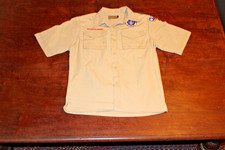 Boy Scouts of America BSA Youth Shirt Tan Large Sewn Patches Short Sleeve