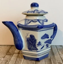 Blue White Porcelain 6" Teapot Chinese Pavilion Trees Floral Handle Mountains