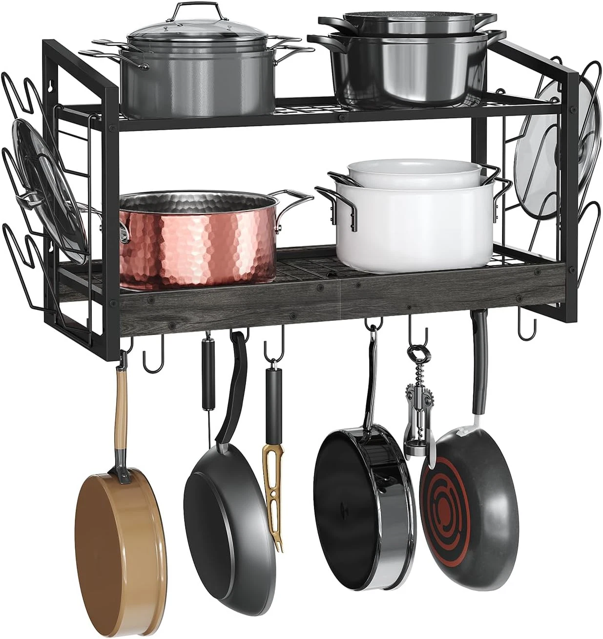 2-Tier Wall-Mounted Pot Rack with 12 Hooks for Kitchen Storage - Charcoal Black